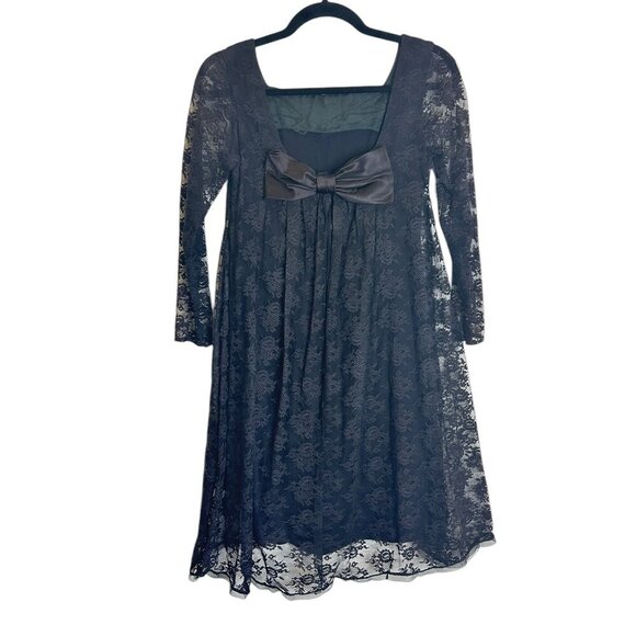 Vintage 60s Black Lacy Babydoll Dress Long Lace Sleeve Bow Metal Zipper Size S - Picture 2 of 6